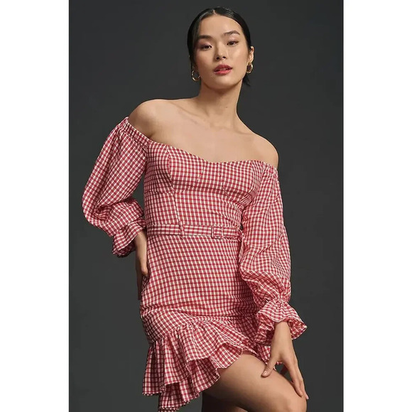 NWT Maeve Anthropologie Off Shoulder Ruffle Plaid Mini Dress Sz 12 red #9M408 - Picture 1 of 13